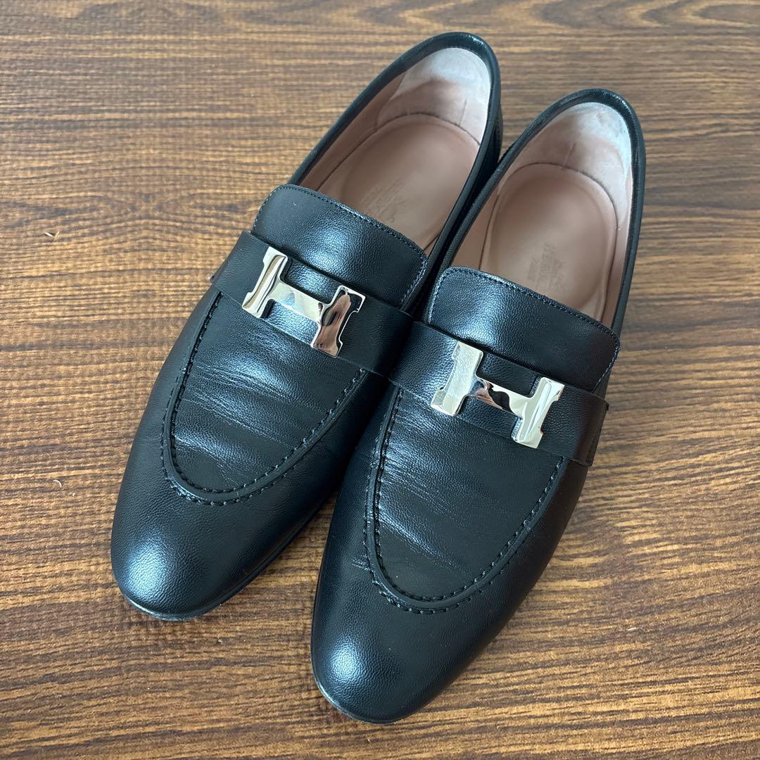 エルメス モカシン パリ 37 ブラック ローファー H金具 HERMES - メルカリ