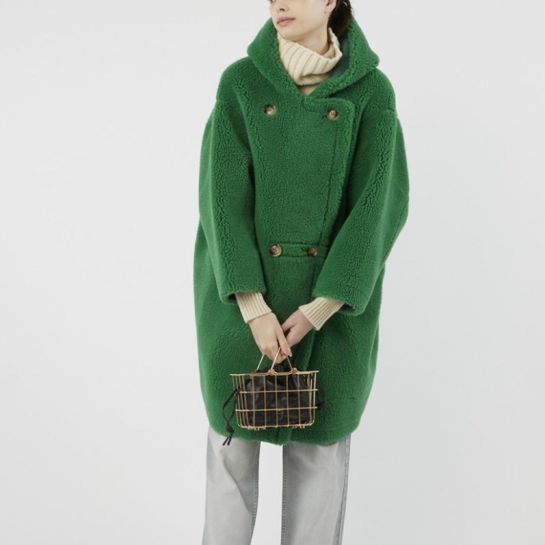 美品ꕥリナージオ ボアコート フーデットコート ウール混 グリーン M