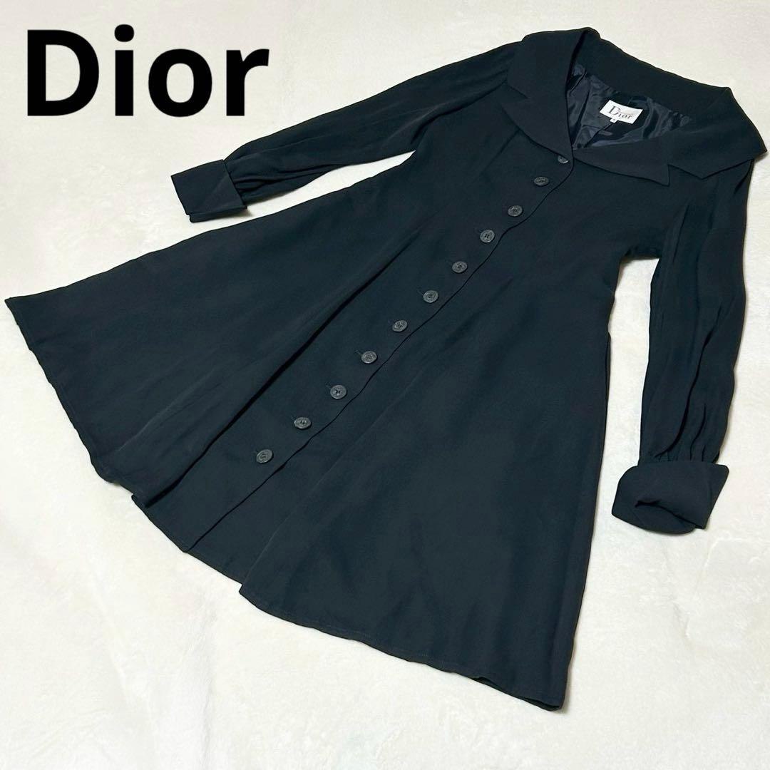 ★美品★マドモアゼルディオール　ワンピース　M ボタン　襟　ネイビー ドレス ティカ Tika 襟付きリボンガーリースタイル総レース袖ありフレアミニ