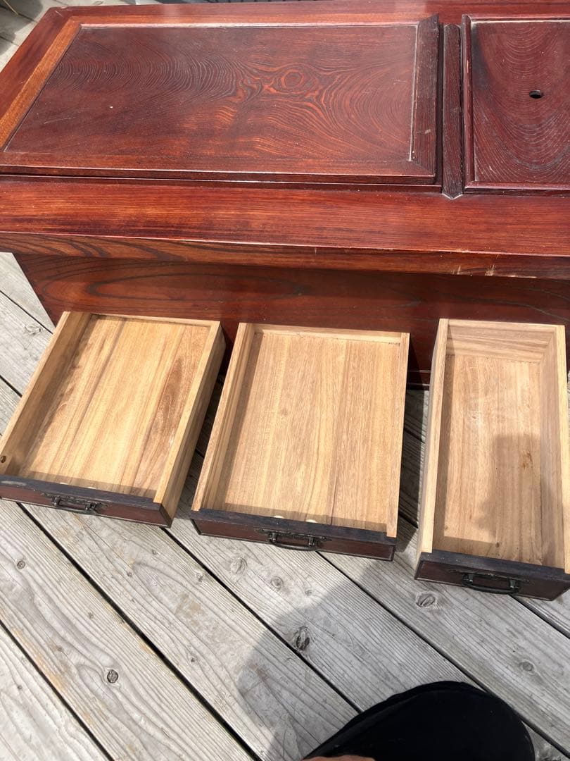 昭和レトロ 木製 長火鉢 3杯 引き出し収納付き 火鉢 五徳付き 囲炉裏