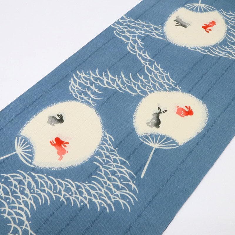 《綿麻紅梅◆浴衣反物■うちわにうさぎ露芝模様◆ブルー■夏着物■反25-35》