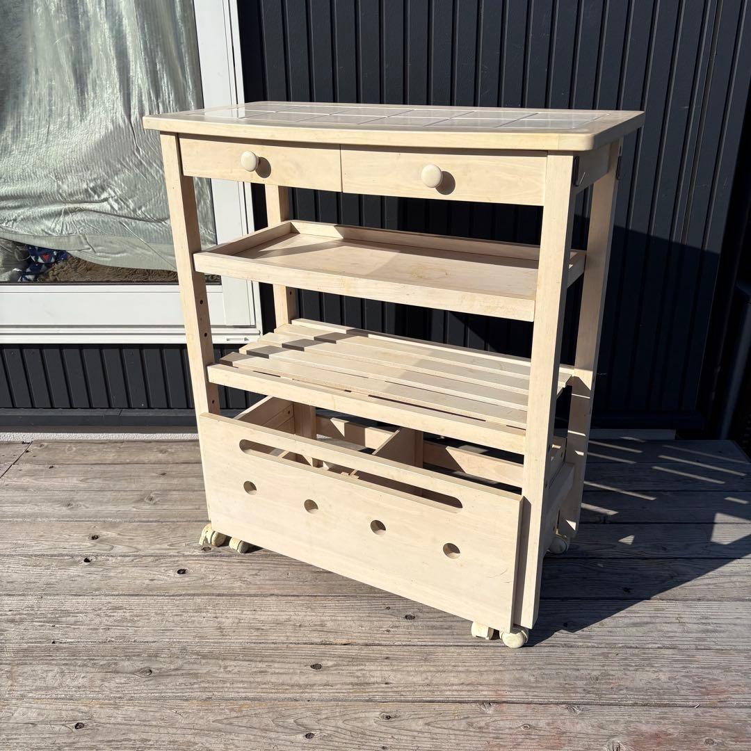 北欧レトロ タイルトップ キッチンワゴン 木製ワゴン キャスター