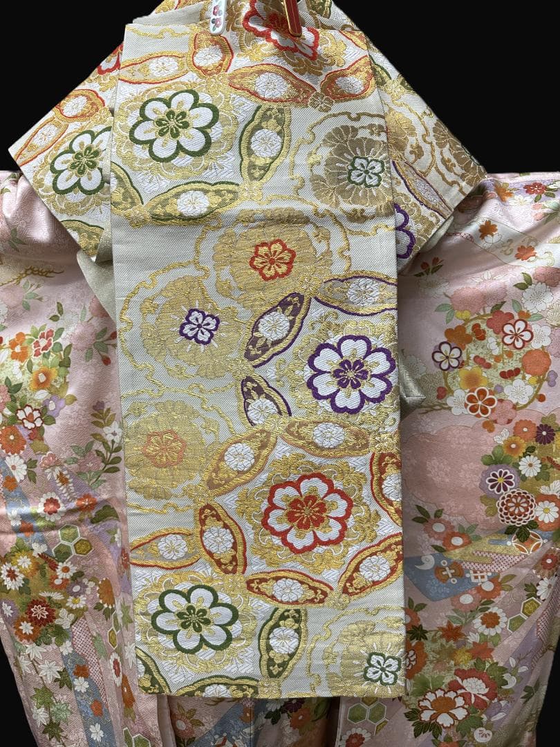 吉澤友禅 ピンク地 古典柄 熨斗柄 花丸紋 金駒刺繍 振袖 袋帯フル