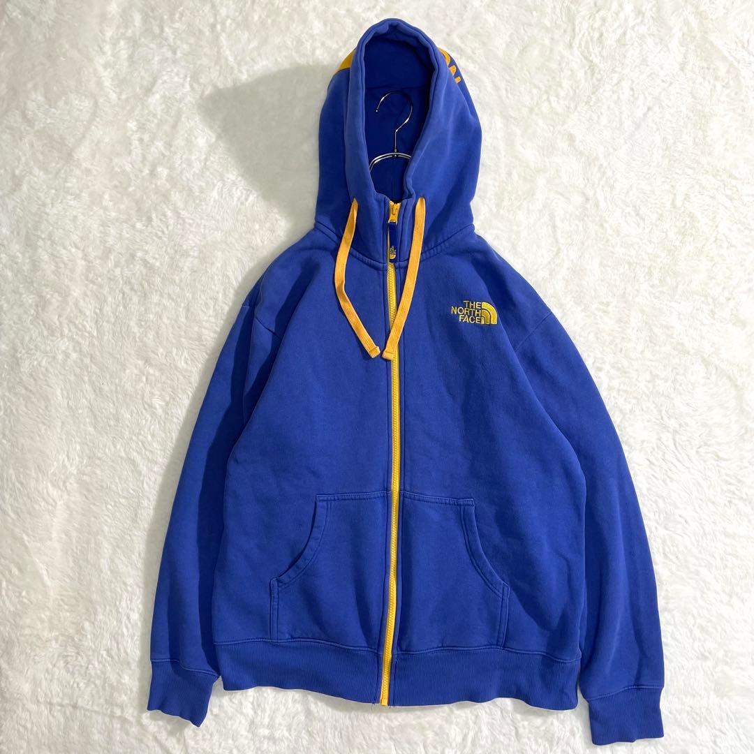 ノースフェイス ジップパーカー 青×黄 Mサイズ バックロゴ刺繍入り