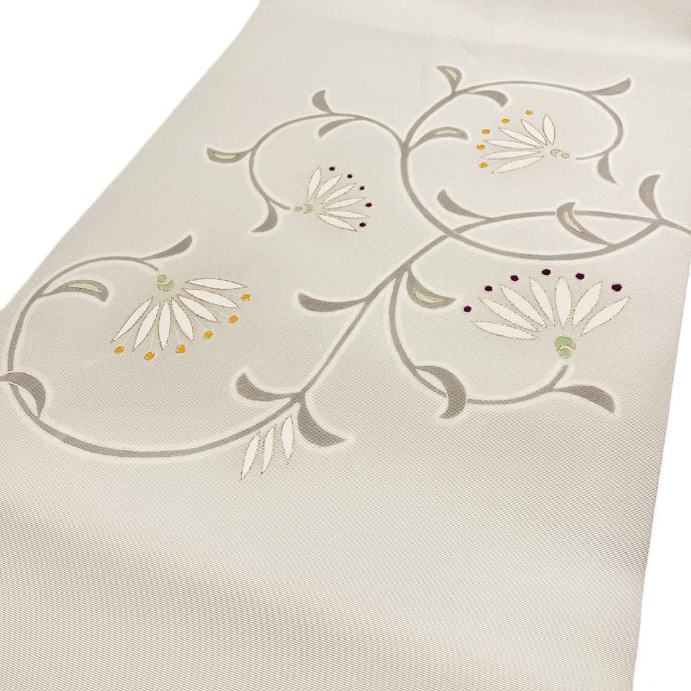 極上の手描友禅 名古屋帯 九寸 塩瀬 正絹 中古 花唐草 No.ymo0072