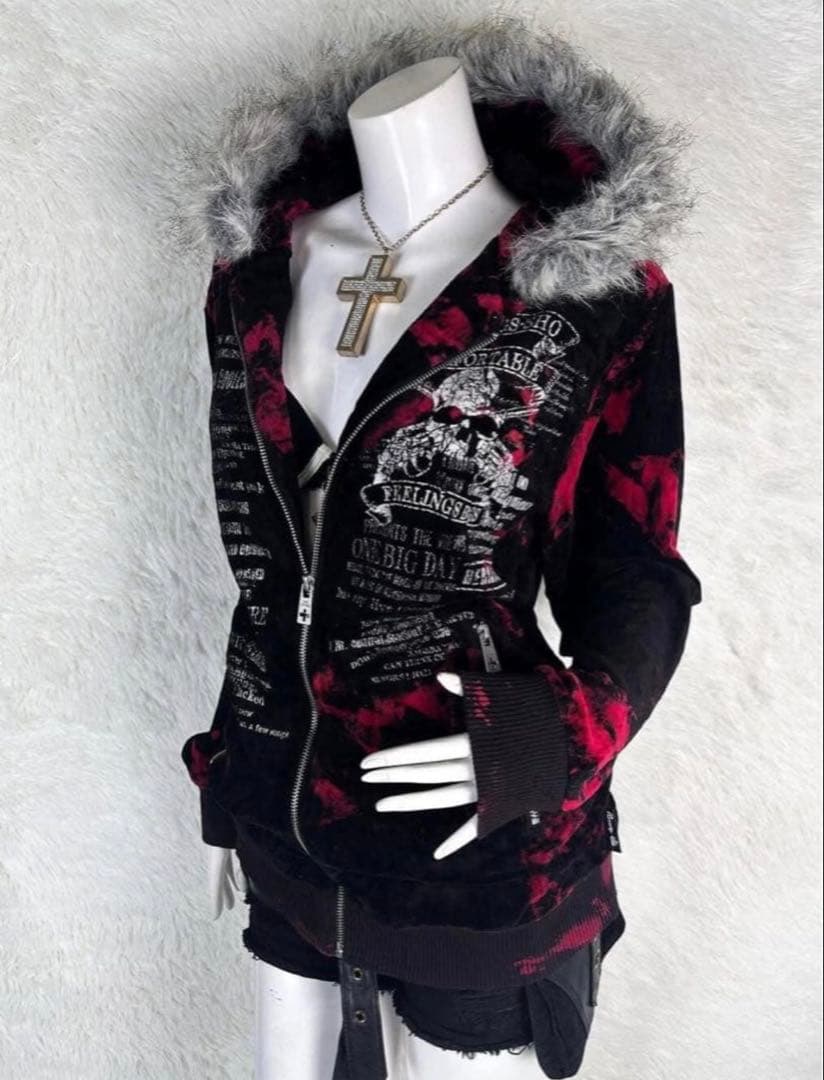 ファー付き黒赤パーカー archive opiumグランジ y2k - メルカリ