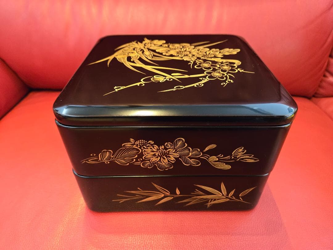 茶道具 輪島塗 天然木製 黒塗 金彩蒔絵 二段重箱 内朱共箱 輪島塗 未使用 沈金 桐文様 二段重箱 おせち料理 漆器 木製 本漆 盛器