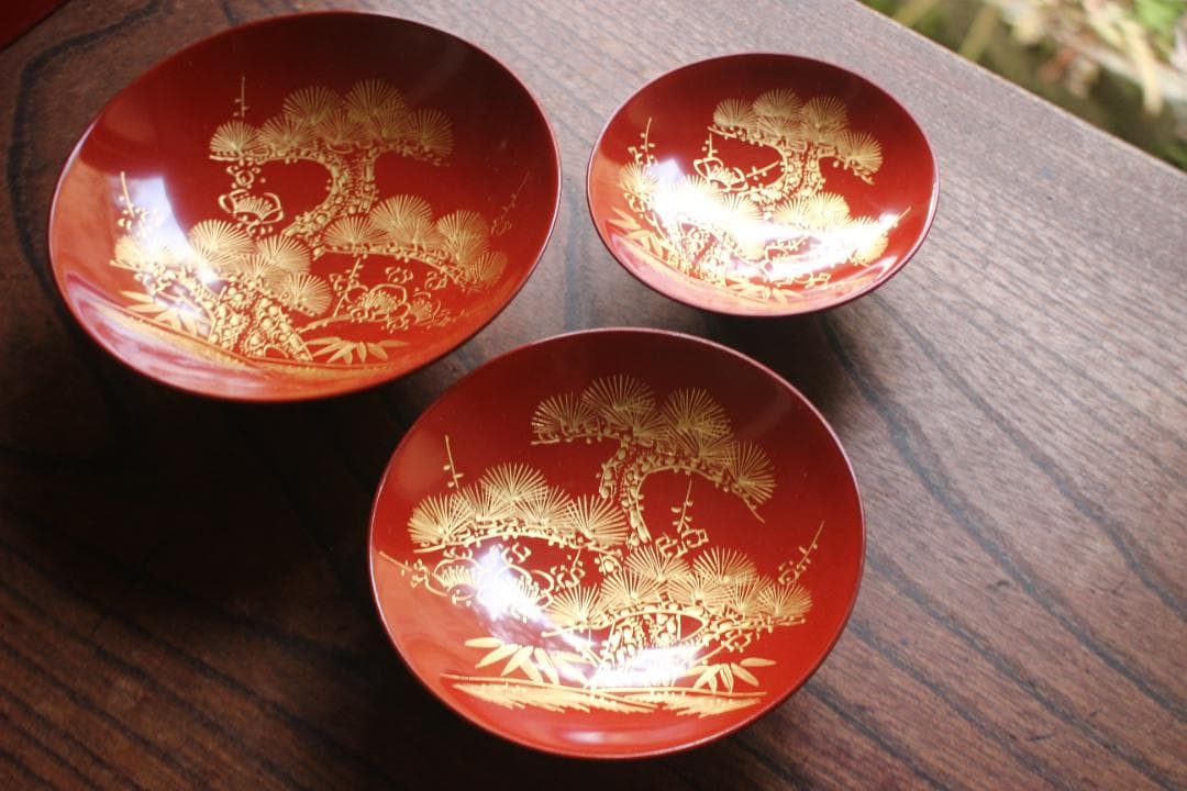 小傷有！極上朱漆に蓬莱沈金の美しい輪島塗の屠蘇器＆重箱セット（検お