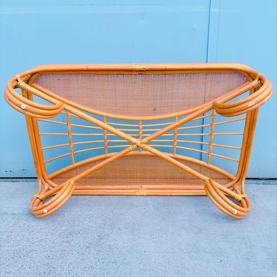 チワワ様】流線デザイン ラタンガラスローテーブル 藤家具 古民具 昭和