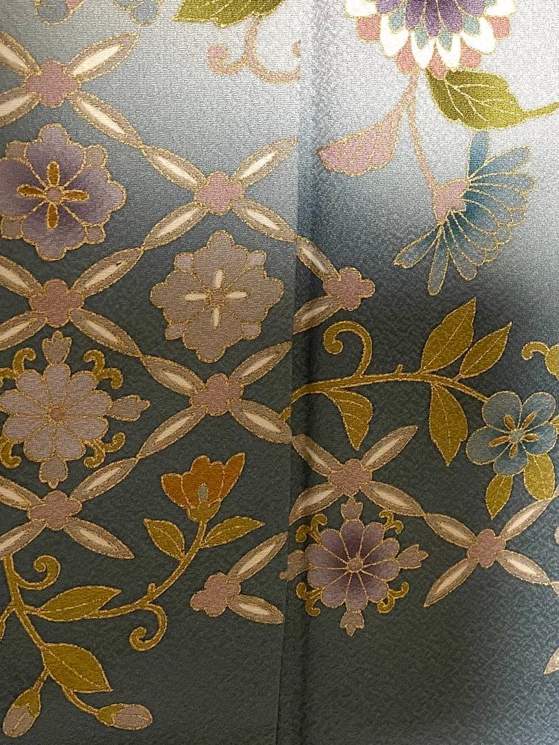 正絹 訪問着 破れ華紋菱繋ぎ花鳥唐草紋 身丈（肩から）164㎝