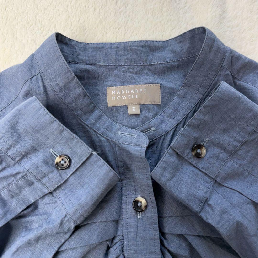 マーガレットハウエル バンドカラー 長袖シャツ ブラウス 水色 ブルー