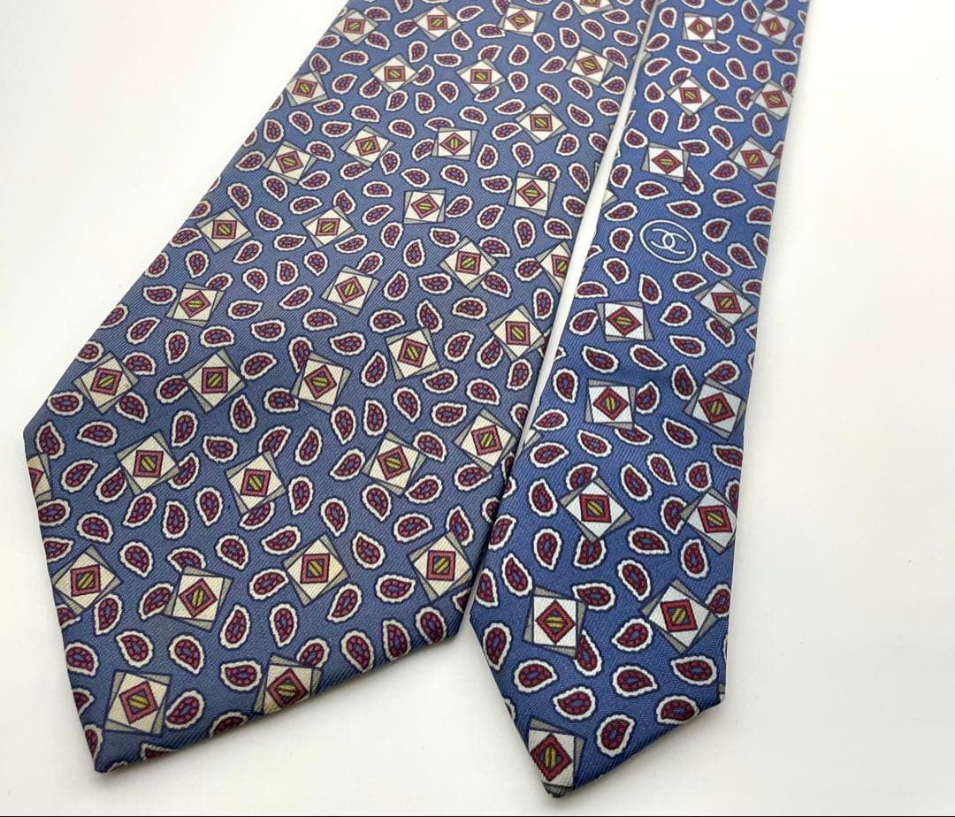 美品 シャネル ネクタイ ハイブランド 幾何学柄 ブルー ネイビー