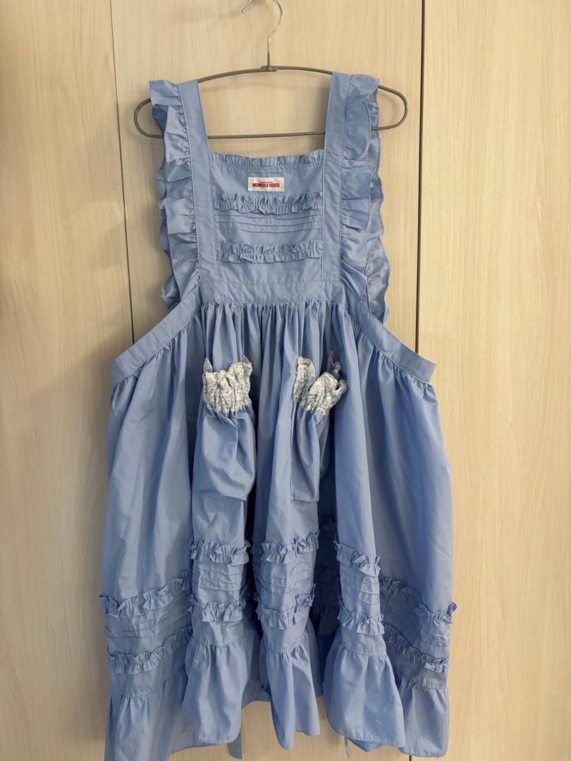 モモコハウス　アリスブルー　エプロン　ロング アリスブルー・黒・白 1.5倍生地を使った(フリルいっぱい)W巾の