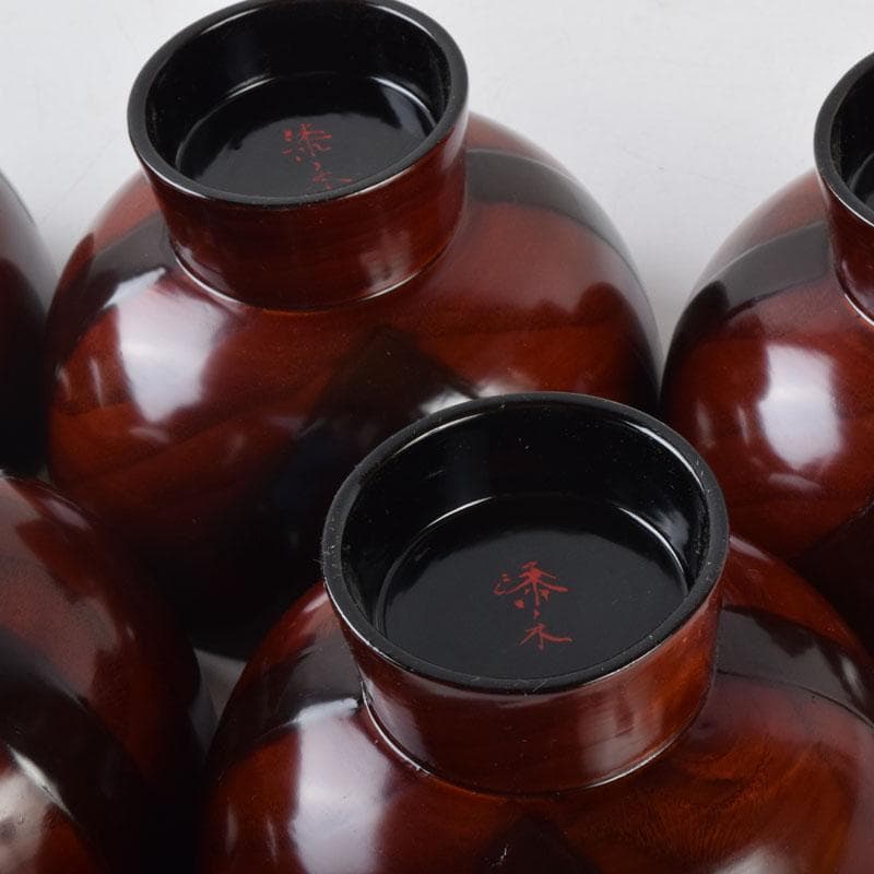 和食器　関谷二男作　漆塗　高台汁椀　五客　共箱　C　8494