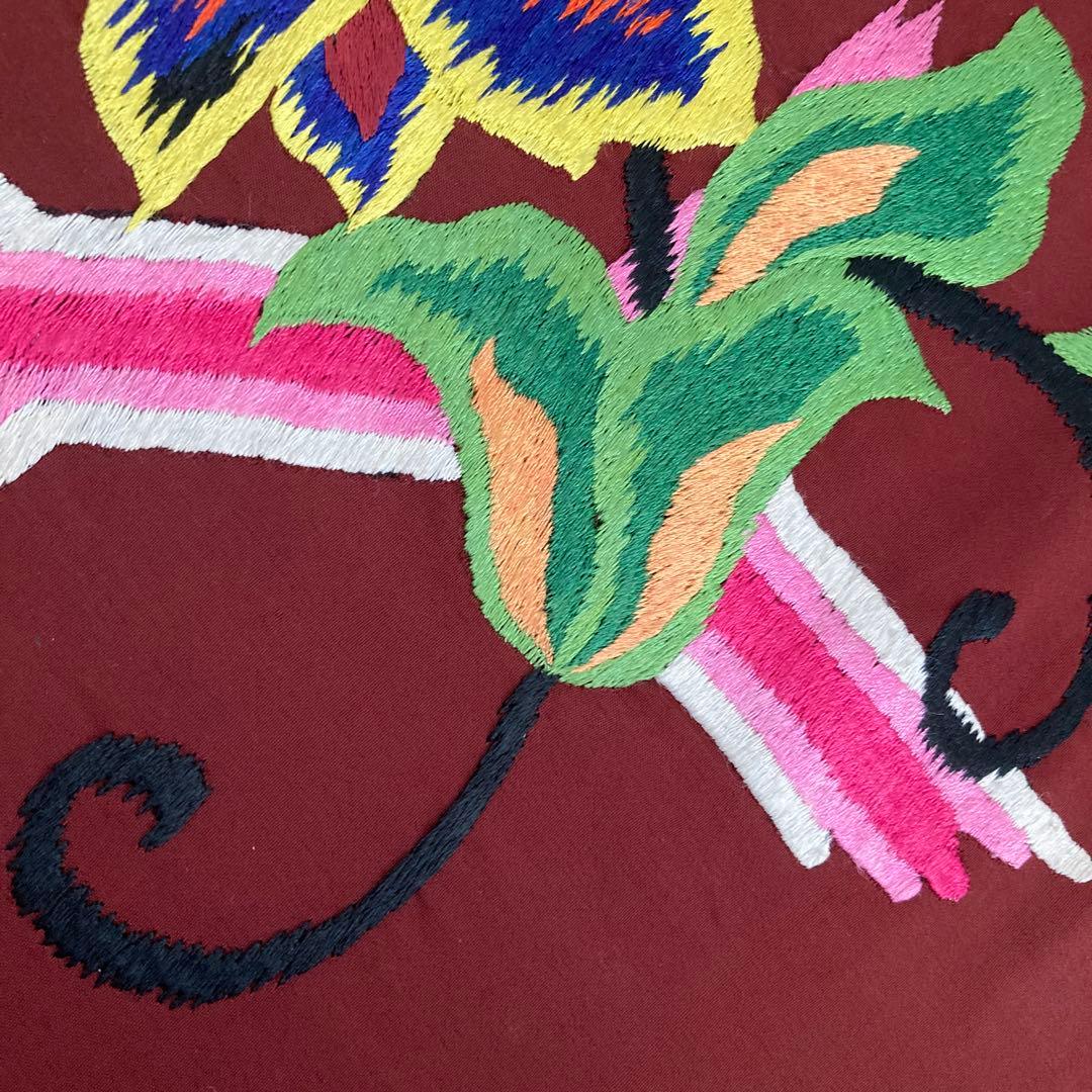 アンティーク名古屋帯　刺繍の花唐草　チョコレートブラウン　正絹　No.6-28