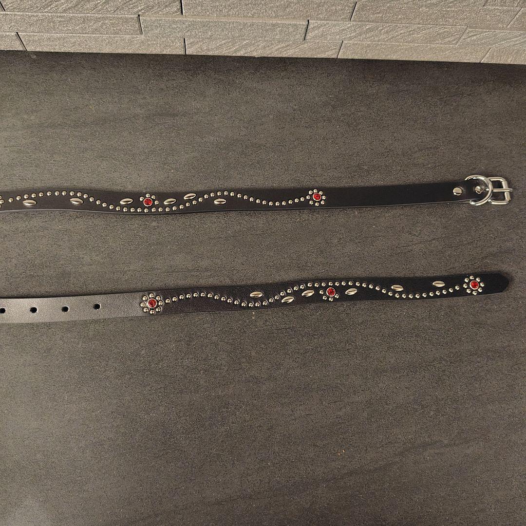 フラワー赤□本革レザーフルスタッズナローベルト☆アメカジ古着