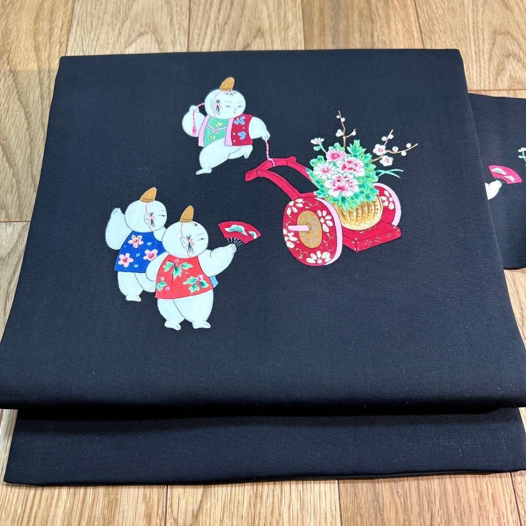 塩瀬 九寸名古屋帯 童子遊び 黒地 正絹 699 - メルカリ