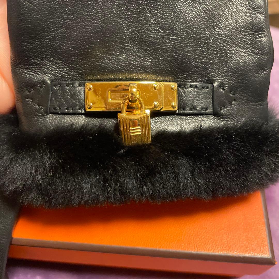 HERMES ラムスキン ファーケリーカデナグローブ手袋ブラック 7.5