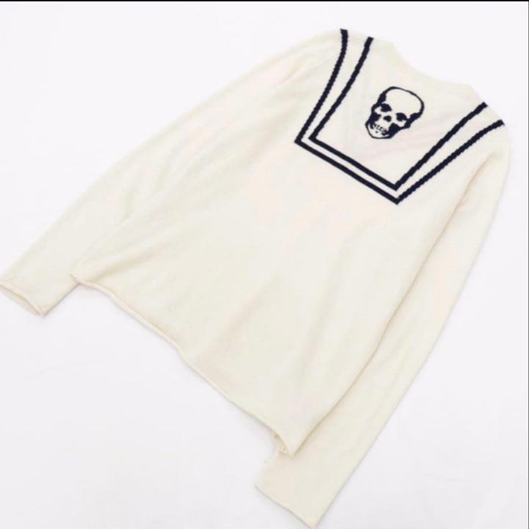 ミ*ク様 ルシアンペラフィネ セーラーカラーだまし絵 スカル　カシミヤクルーネッ 2017fw-33man-skullknit-grey-