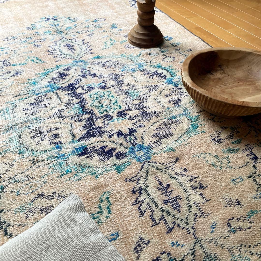 99×222 ペールベージュ×ブルー メダリオン 擦れトルコヴィンテージラグ