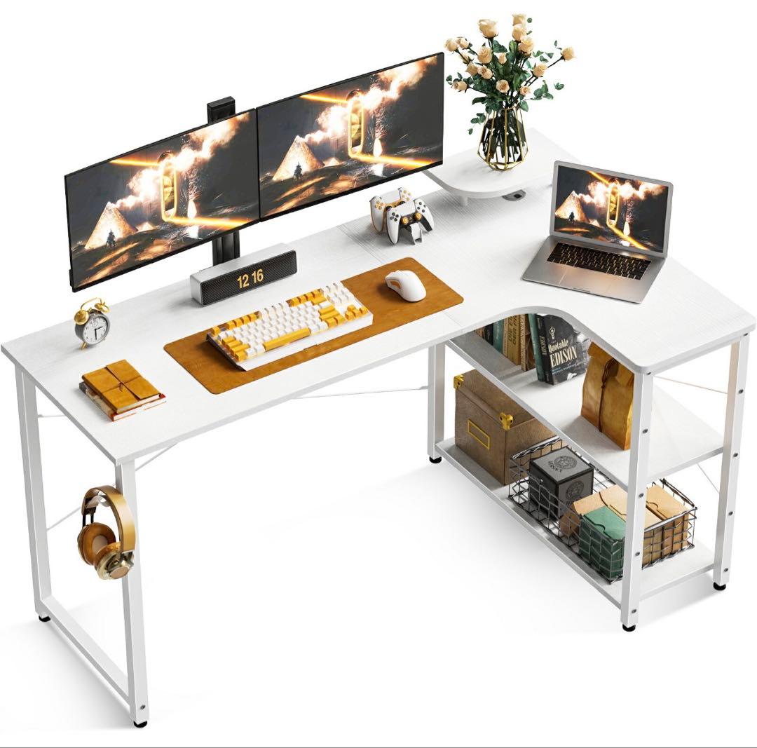 L字型ホワイトパソコンデスク(右棚) dショッピング |パソコンデスクデスクデスク コンセント無し 全4色