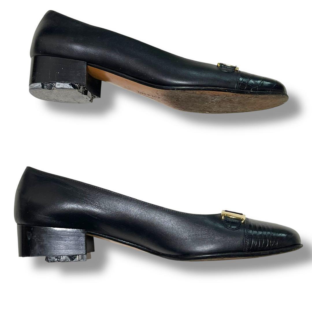 フェラガモ ヴァラ パンプス 4.5C クロコ型押し レザー ゴールド金具