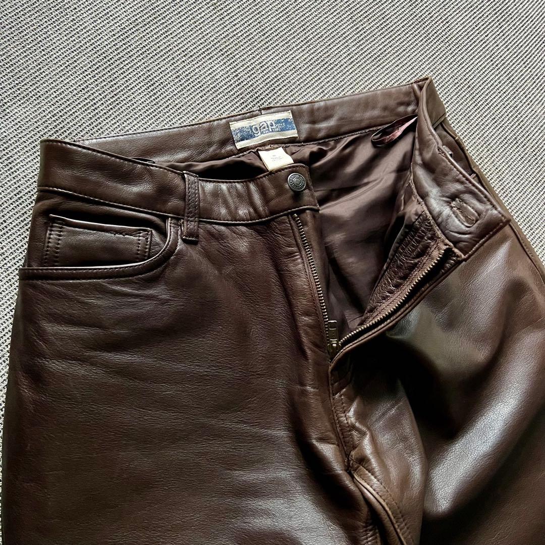 希少00's OLD GAP レザーパンツ 茶 ストレート カニエウエストY2K
