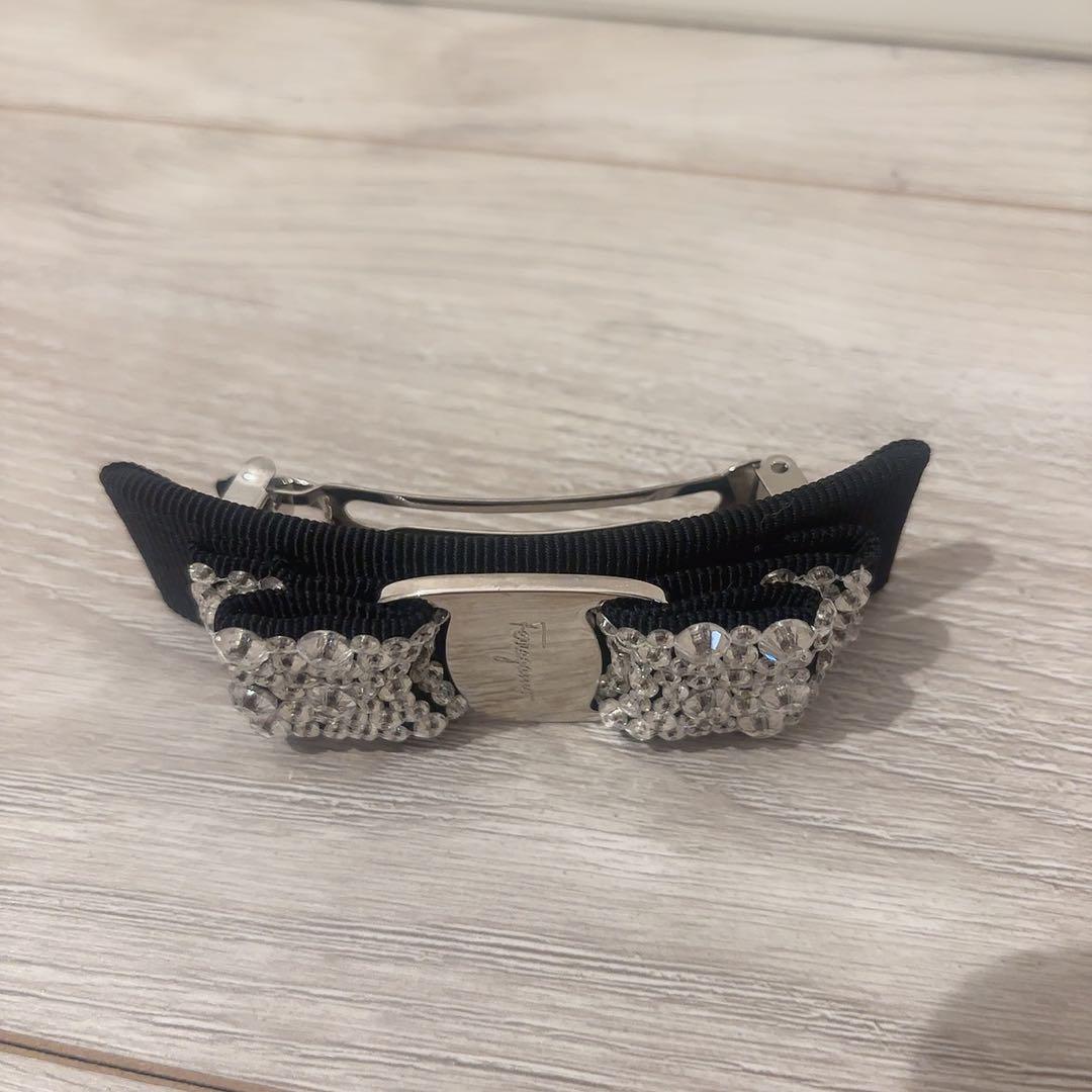 Feragamo フェラガモ バレッタ ブラック リボン ビジュー クリスタル