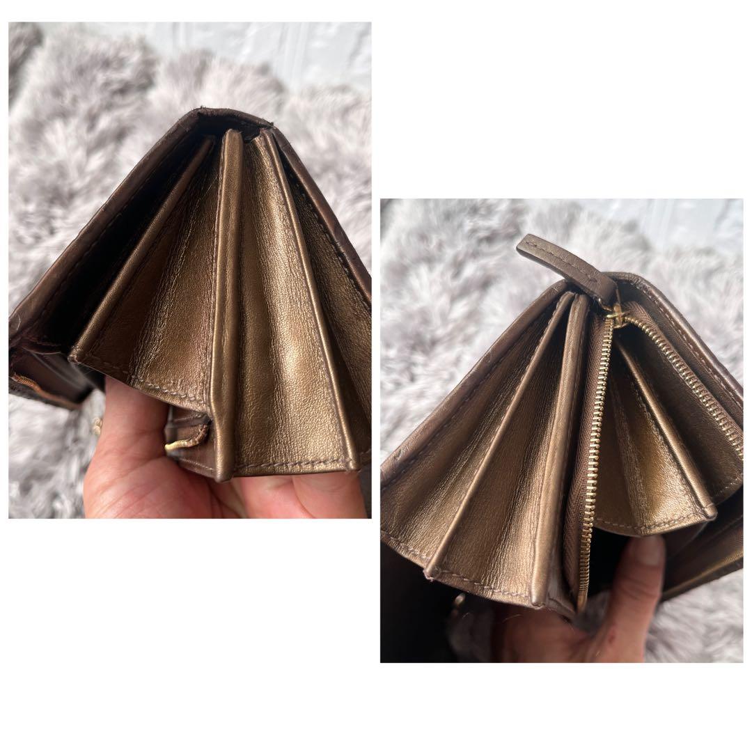 美品✨GUCCI チェーン ウォレット 長財布 シマ ロゴプレート ブロンズ