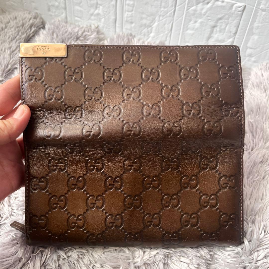 美品✨GUCCI チェーン ウォレット 長財布 シマ ロゴプレート ブロンズ