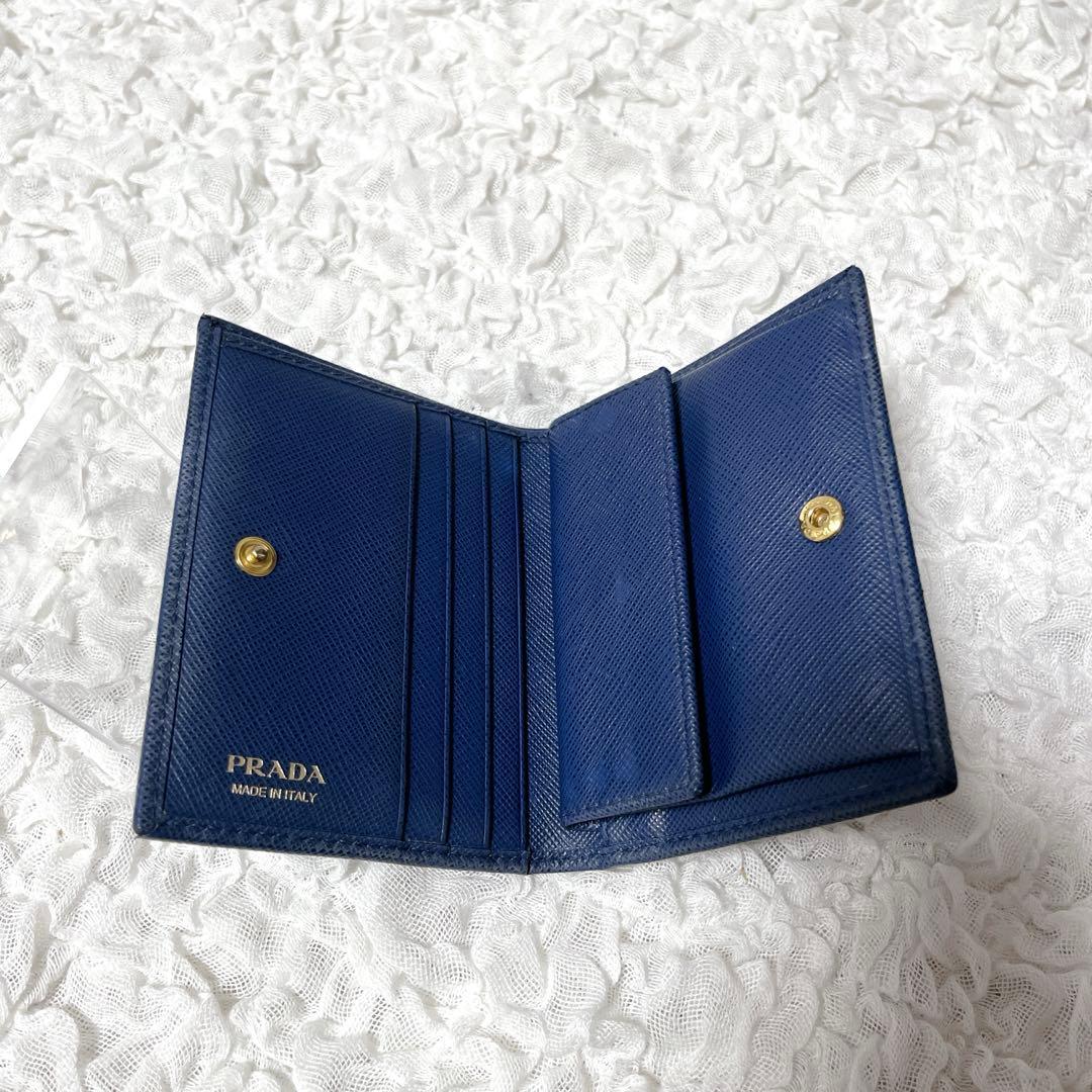極美品✨PRADA ネイビー 二つ折り財布 サフィアーノレザー ゴールド