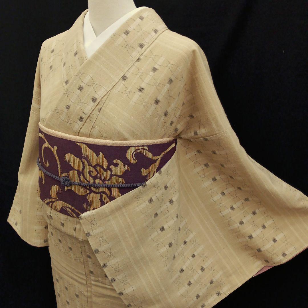 結城縮(袷)　(奥順(株)　はたおり娘　未使用　やまと誂製　ガード加工　榛色系)