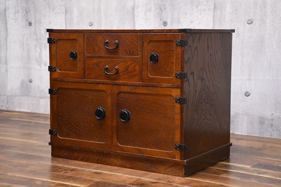 EFK22 民芸家具調 からくり箪笥 金庫付き 隠し抽斗 ケヤキ/欅杢目 小