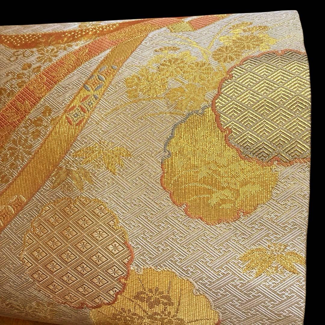 美品 逸品 雪輪紋 組紐 桜 金 正絹 全通柄 袋帯 二重太鼓 作り帯