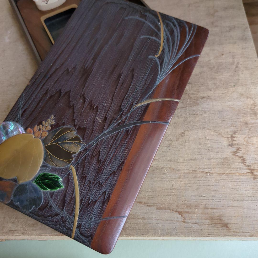硯箱 桐の花 すすき 蒔絵 螺鈿 陶器 木製 桐 硯、水滴 筆置付 木