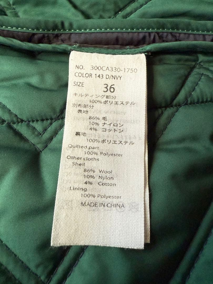 ENFOLD PEタフタ ノーカラーコート キルティング ネイビー✖️グリーン