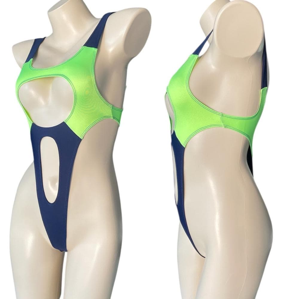 レオタード　ハイレグ　穴あき　蛍光イエロー×ネイビー