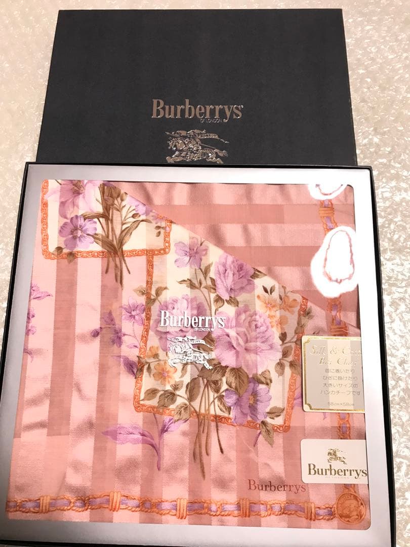 未使用バーバリーハンカチーフ シルクハンカチ大判 スカーフ シミあり