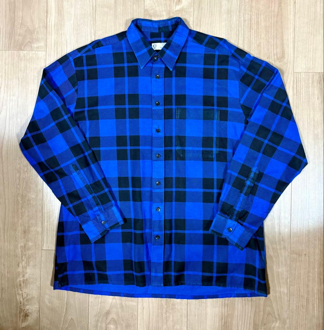 90s〜プリントネルシャツ プリネル ブルー ブラック ブロックチェック