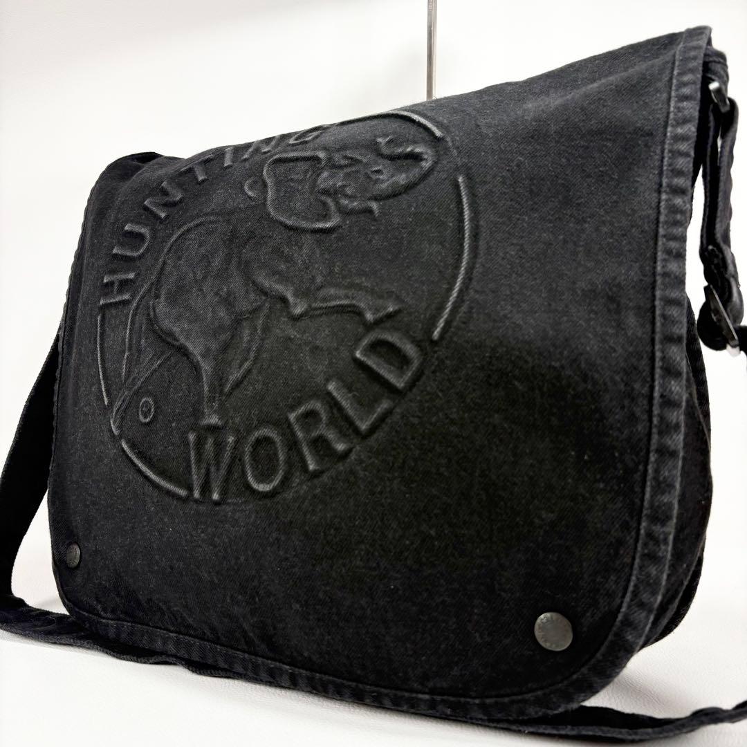 未使用に近い⭐️ハンティングワールド メッセンジャーバッグ ブランドロゴ デニム 極美品】ハンティングワールド ショルダーバッグ デニム ロゴ USA製