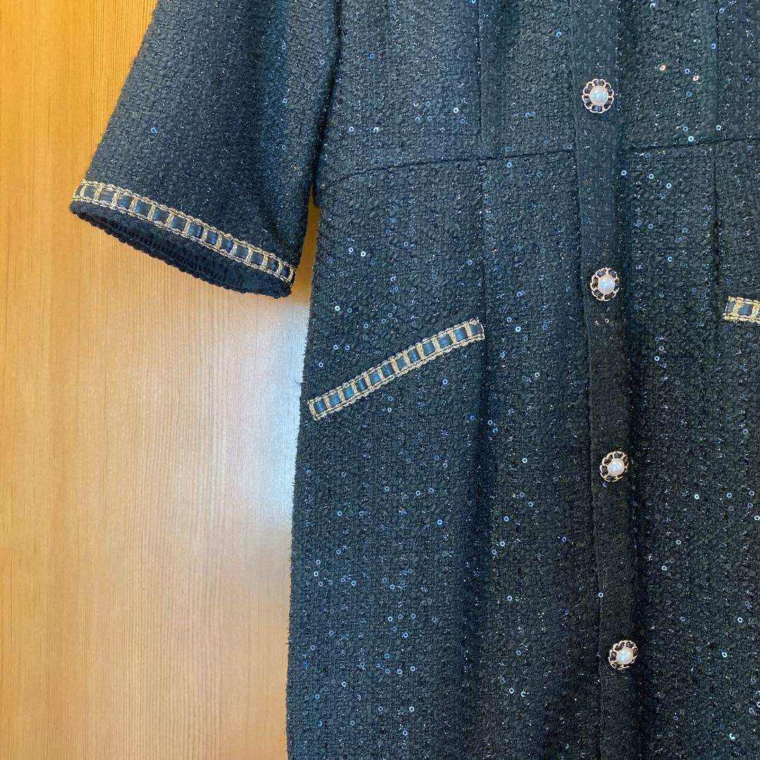 Leja】ラメ混ツイードレザーパイピングマーメイドロング丈ドレス