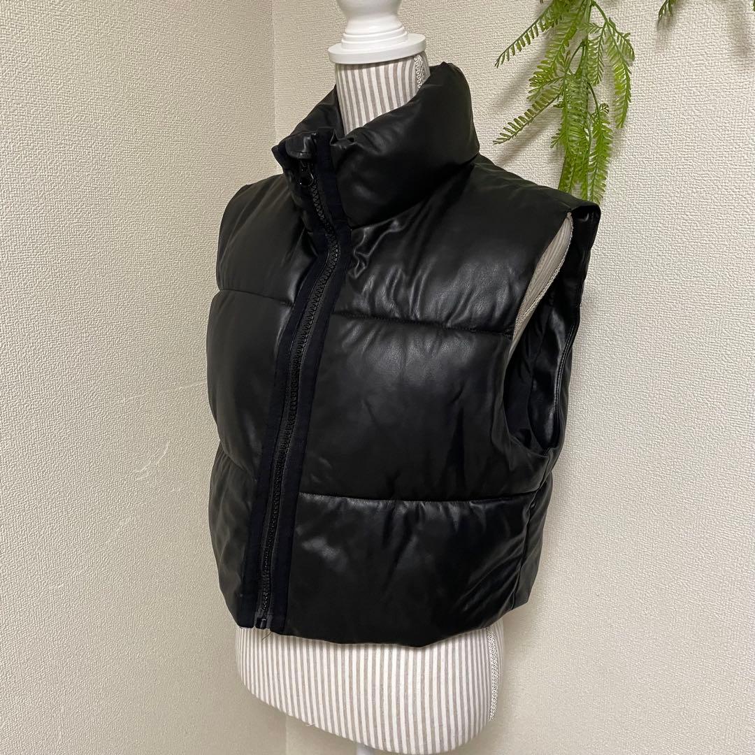 超美品 ZARA ザラ 【L】 フェイクレザーパフベスト ハーフダウンベスト