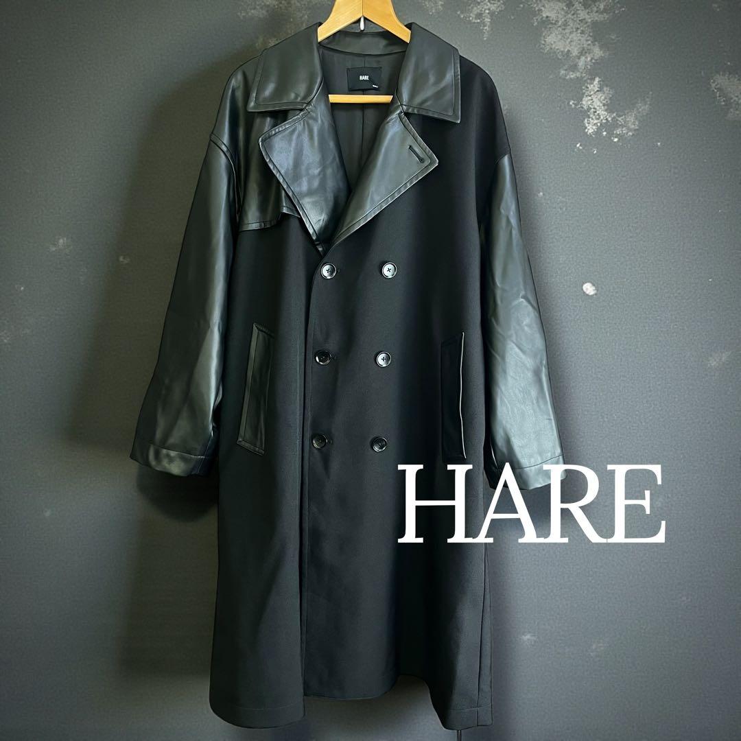 HARE ハレ レザー切り替え トレンチコート ブラック S 美品 HARE（ハレ） コート チェスターコート ウーリーテックフェイクレザー
