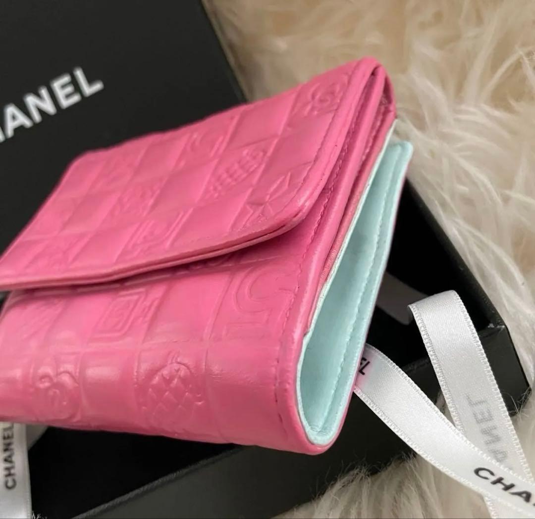希少 シャネル CHANEL 二つ折り 財布 アイコンライン ピンクグリーン