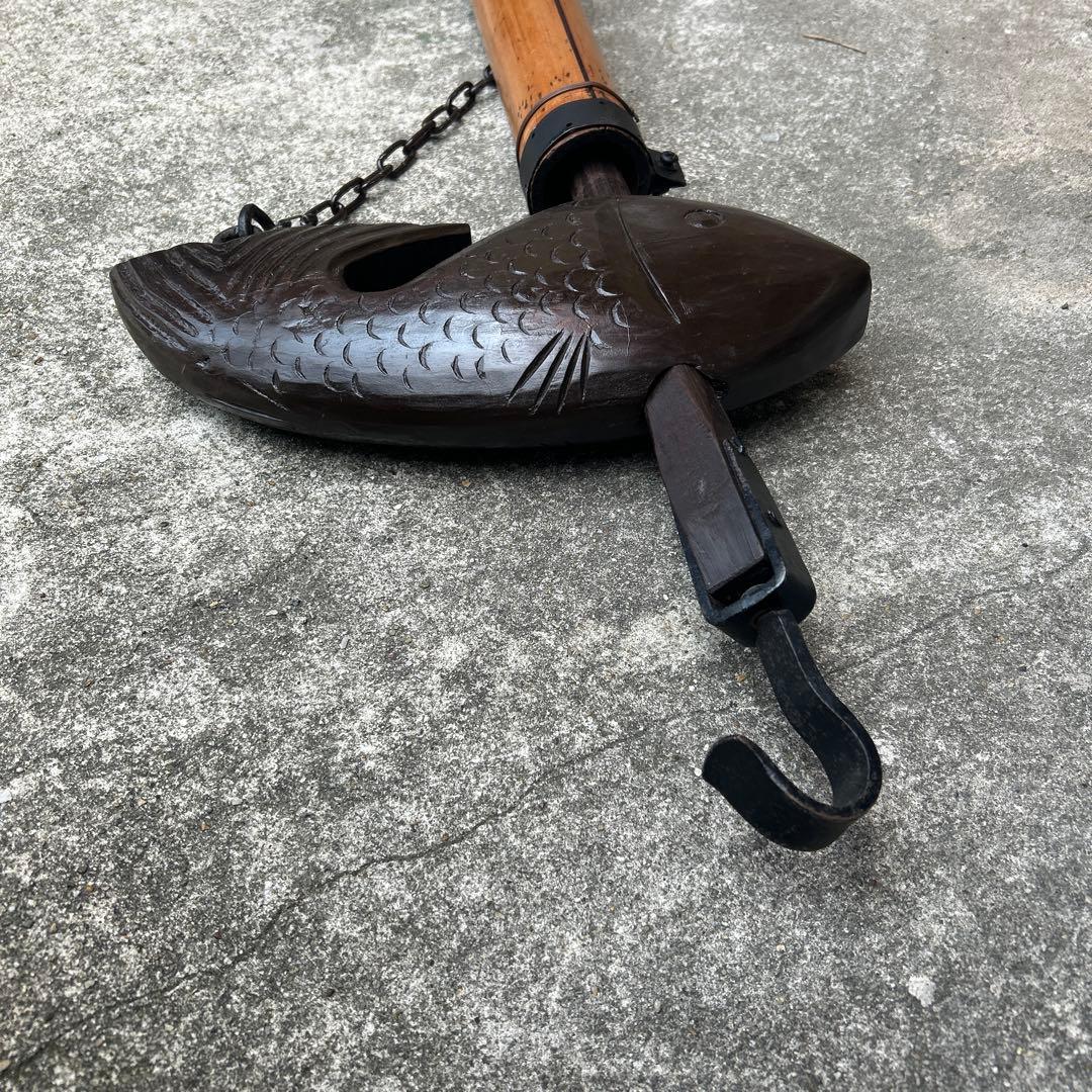 古民具 時代物 自在鉤 囲炉裏 竈門 アンティーク 魚 インテリア 竹