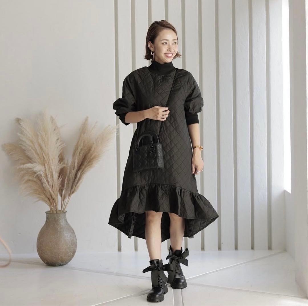 Donoban ドノバン　キルティング　アシメ　ワンピース　ブラック DONOBAN（ドノバン） ワンピース フラワーキルティングワンピース