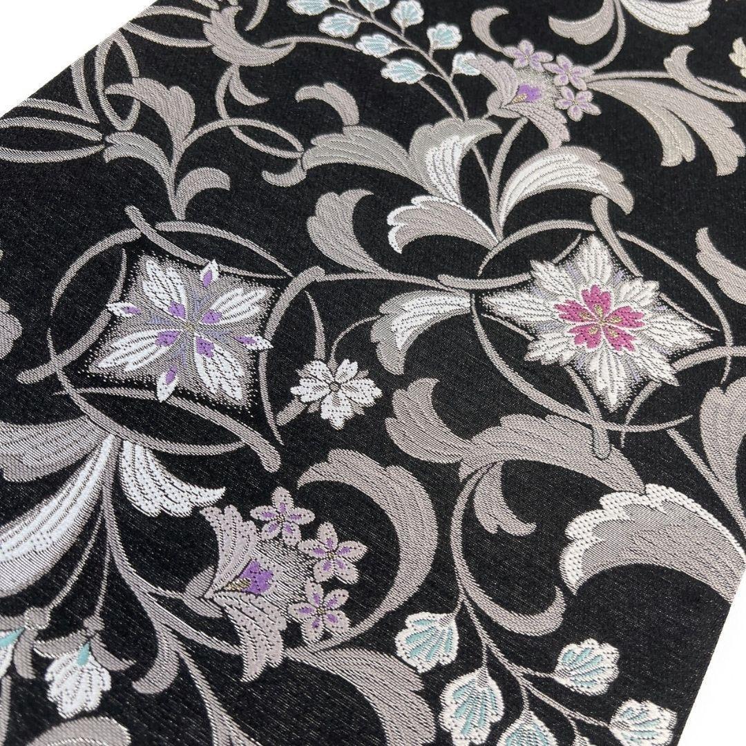 未着用 袋帯 西陣織 唐織 唐花模様 花菱 銀糸 モノトーン 着物 053a p