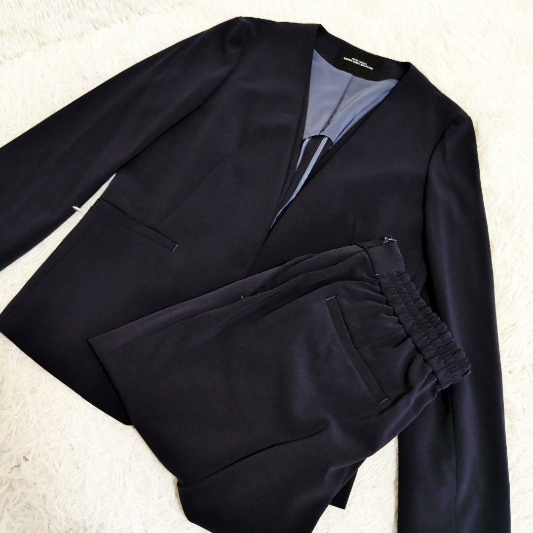 美品 グリーンレーベルリラクシング パンツスーツ ノーカラー ネイビー