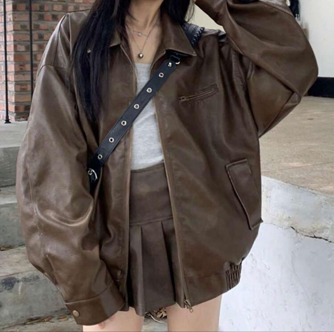 ブラウンレザーオーバーサイズジャケット - メルカリ
