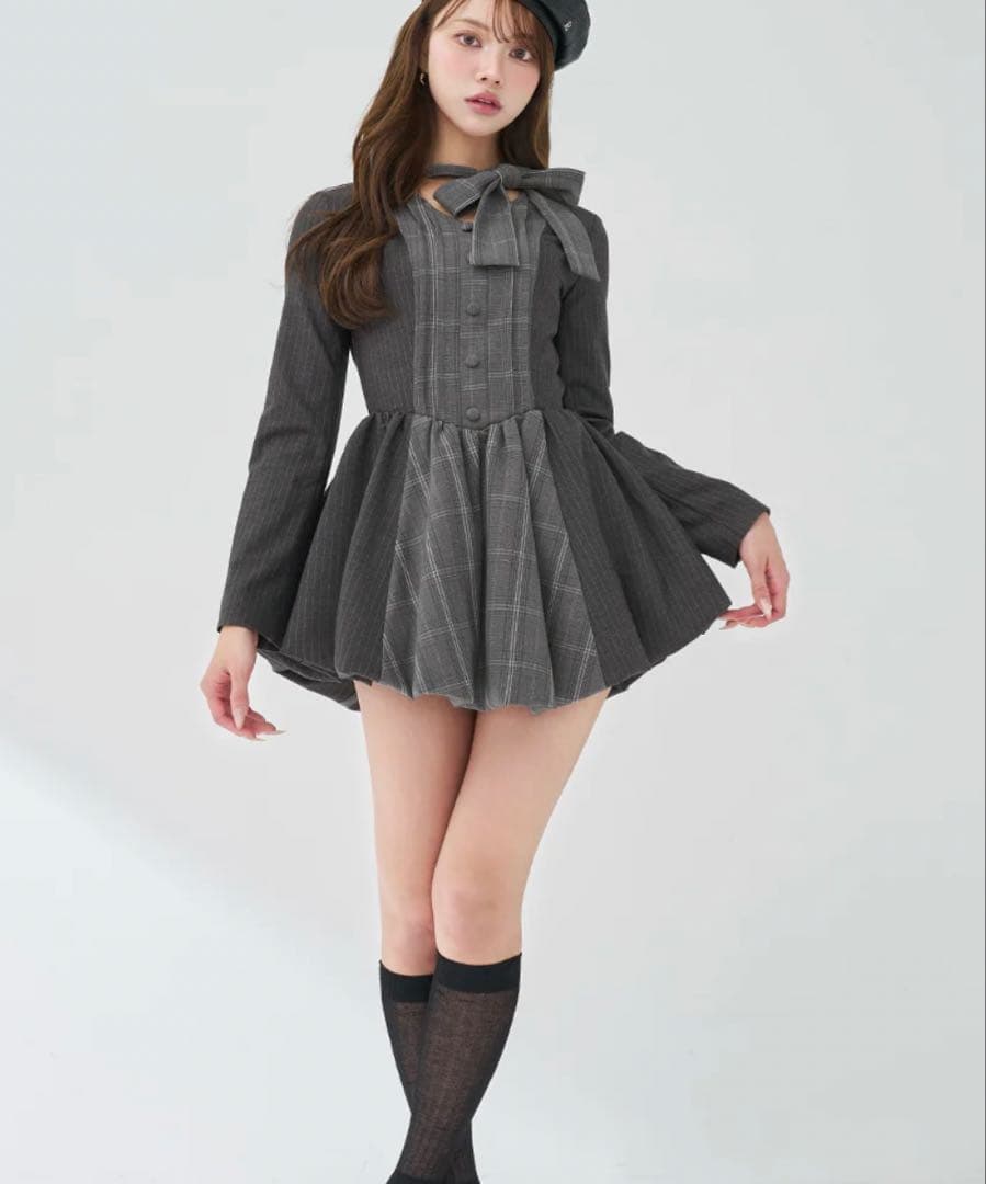 Darich/ダーリッチ チェックストライプバルーンミニワンピース GRY F